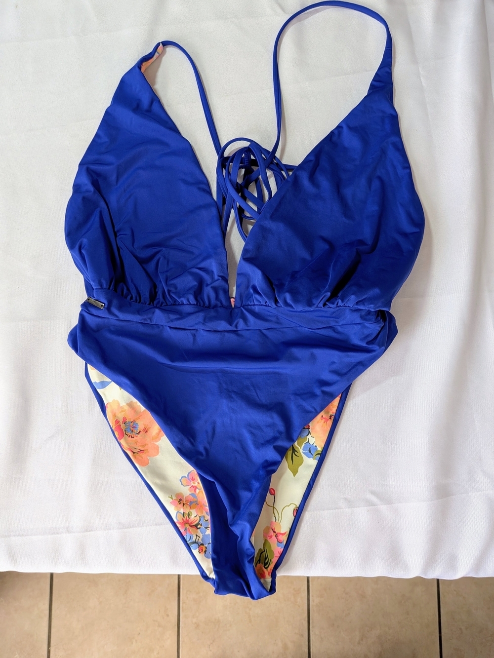 Maaji Reversible One Piece Swimsuit Blue Floral Lace Up Back L